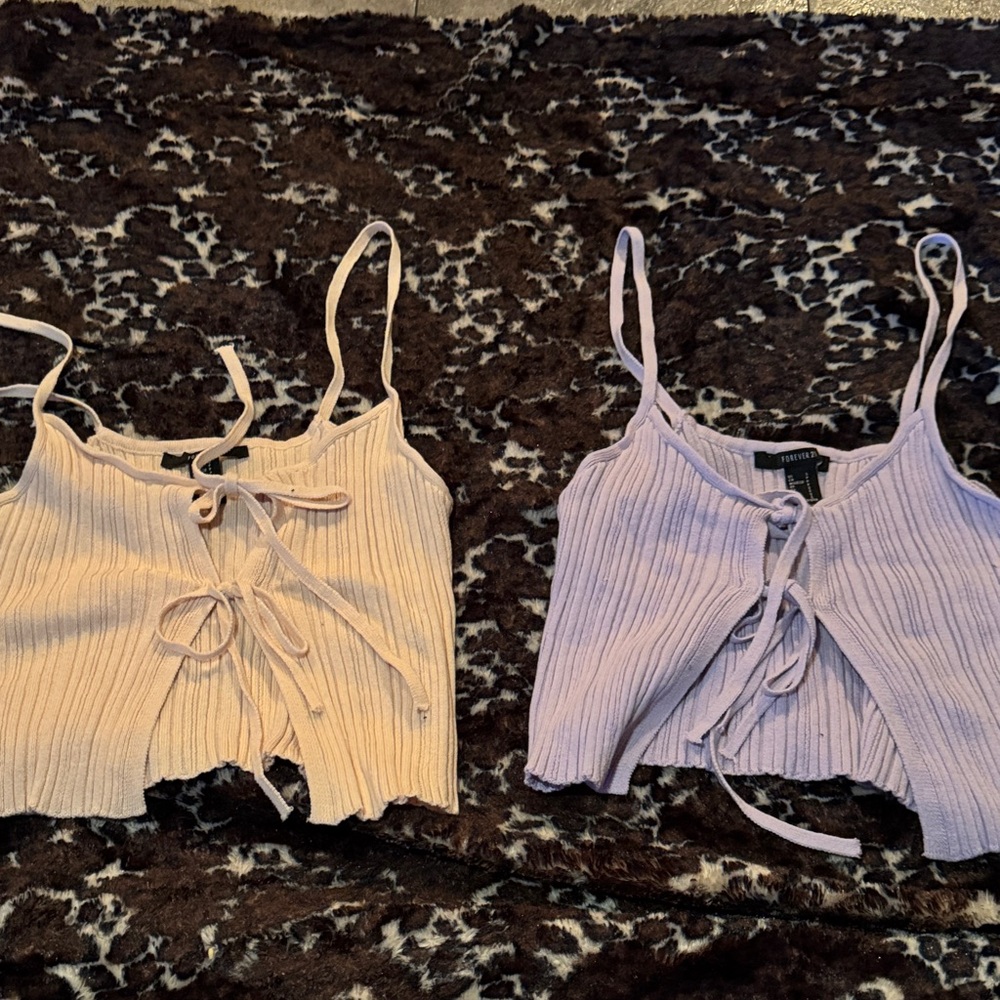 Ribbed Tie-Front Crop Tops in Cream and Lavender
